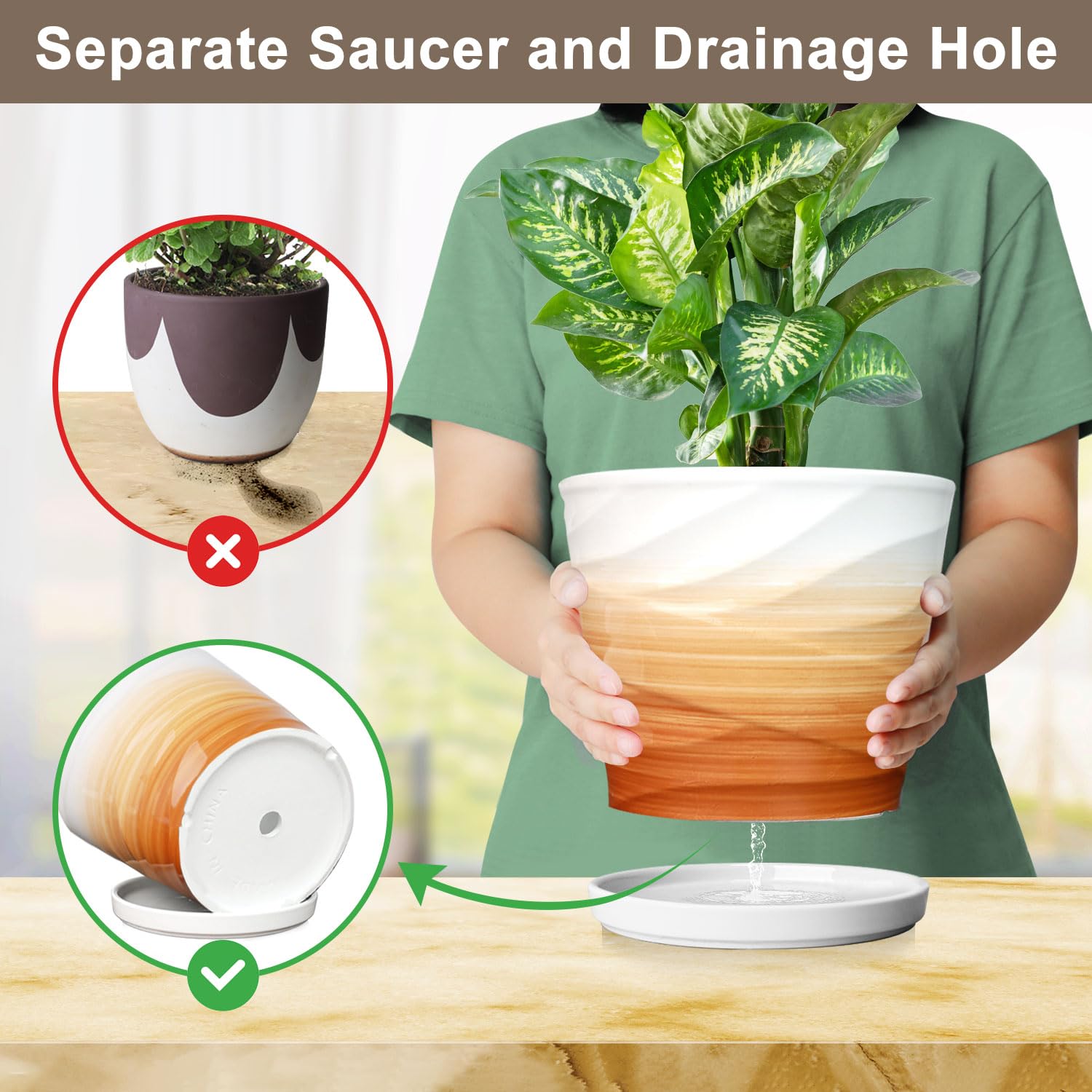 YUFDA drain hole and saucer showing water control and floor protection