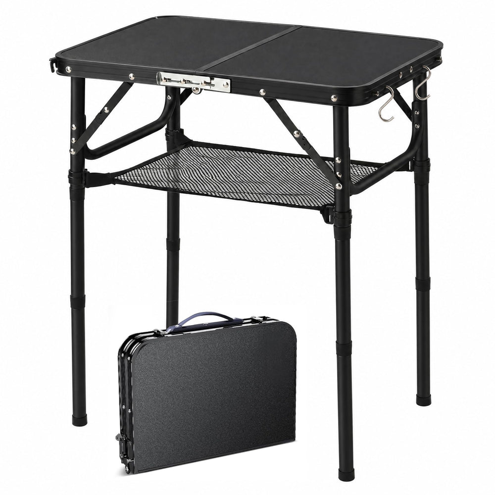 YUFIFAIRY front view of folded portable table showing compact profile and handle