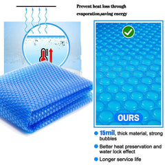YUGYUJ installed on an in-ground round pool retaining warmth and blocking debris effectively