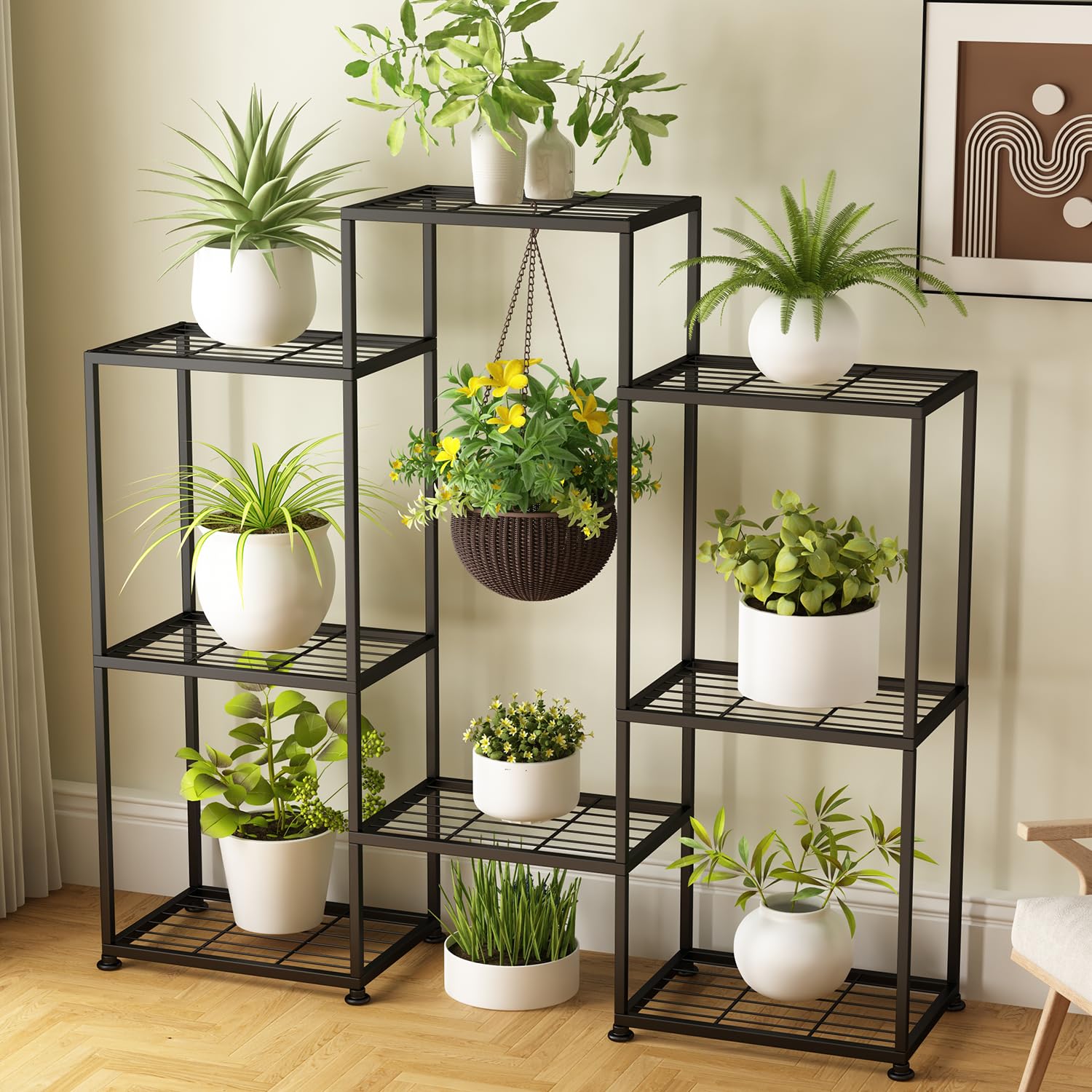 YUJCHMTZN front view of assembled tiered plant stand, shows sturdy vertical display
