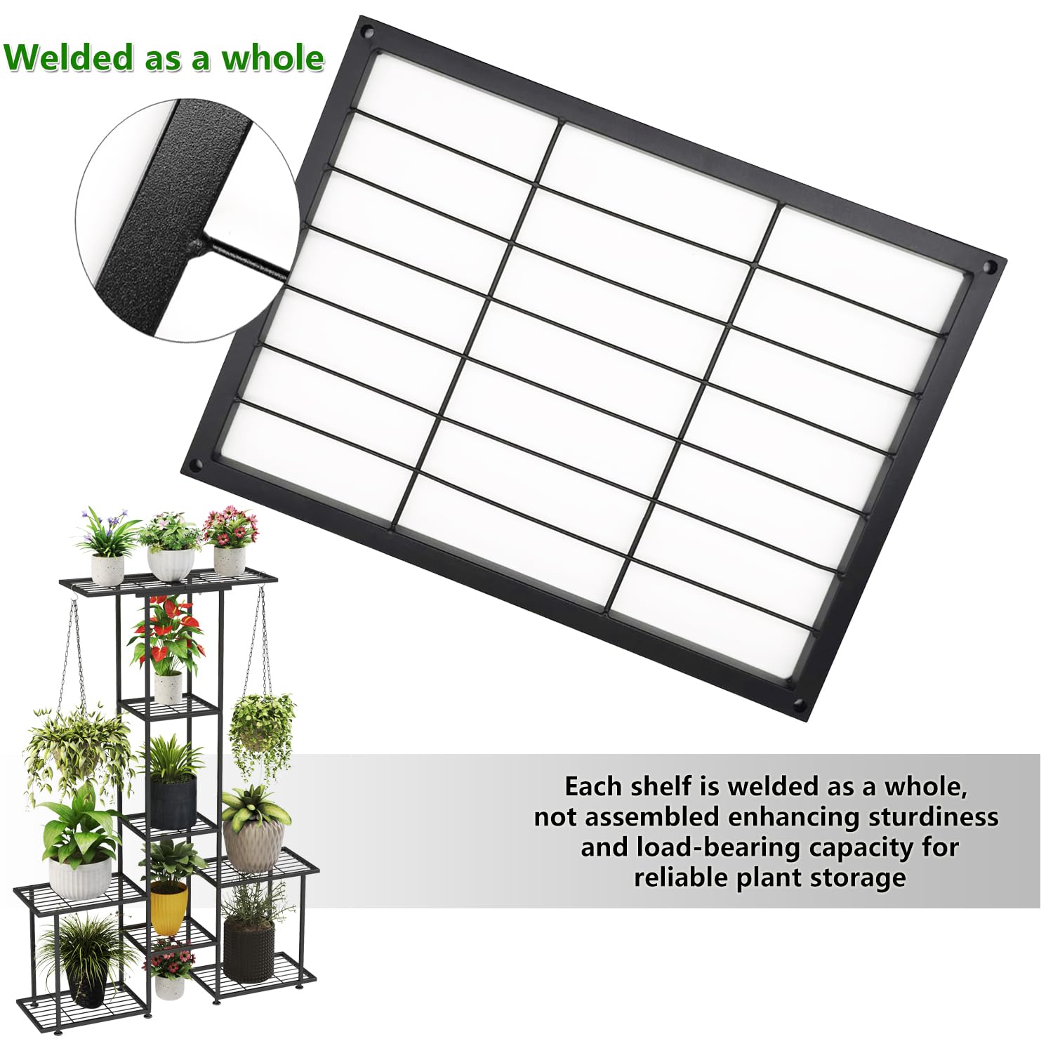 YUJCHMTZN top-down shelf spacing showing room for taller plants and drainage