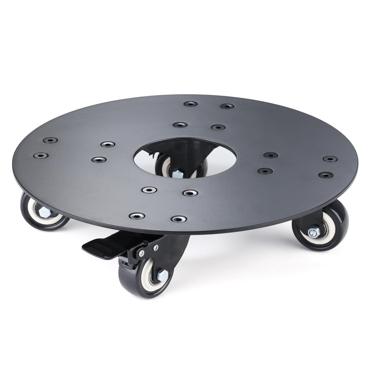 YUjieSTC front view showing sturdy black plant caddy and benefits of mobility