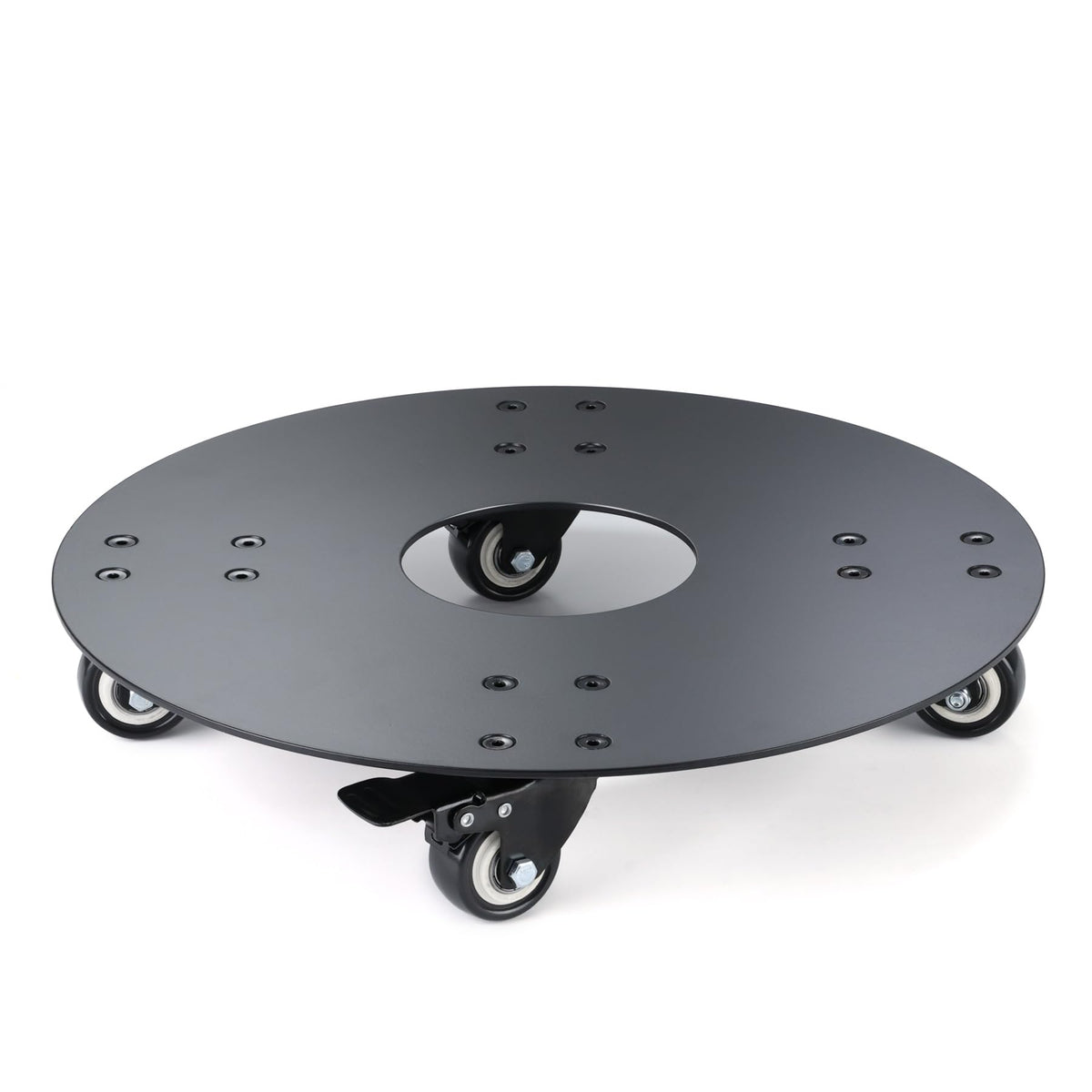 YUjieSTC front view of black 16-inch aluminum plant stand showing sturdy frame and casters