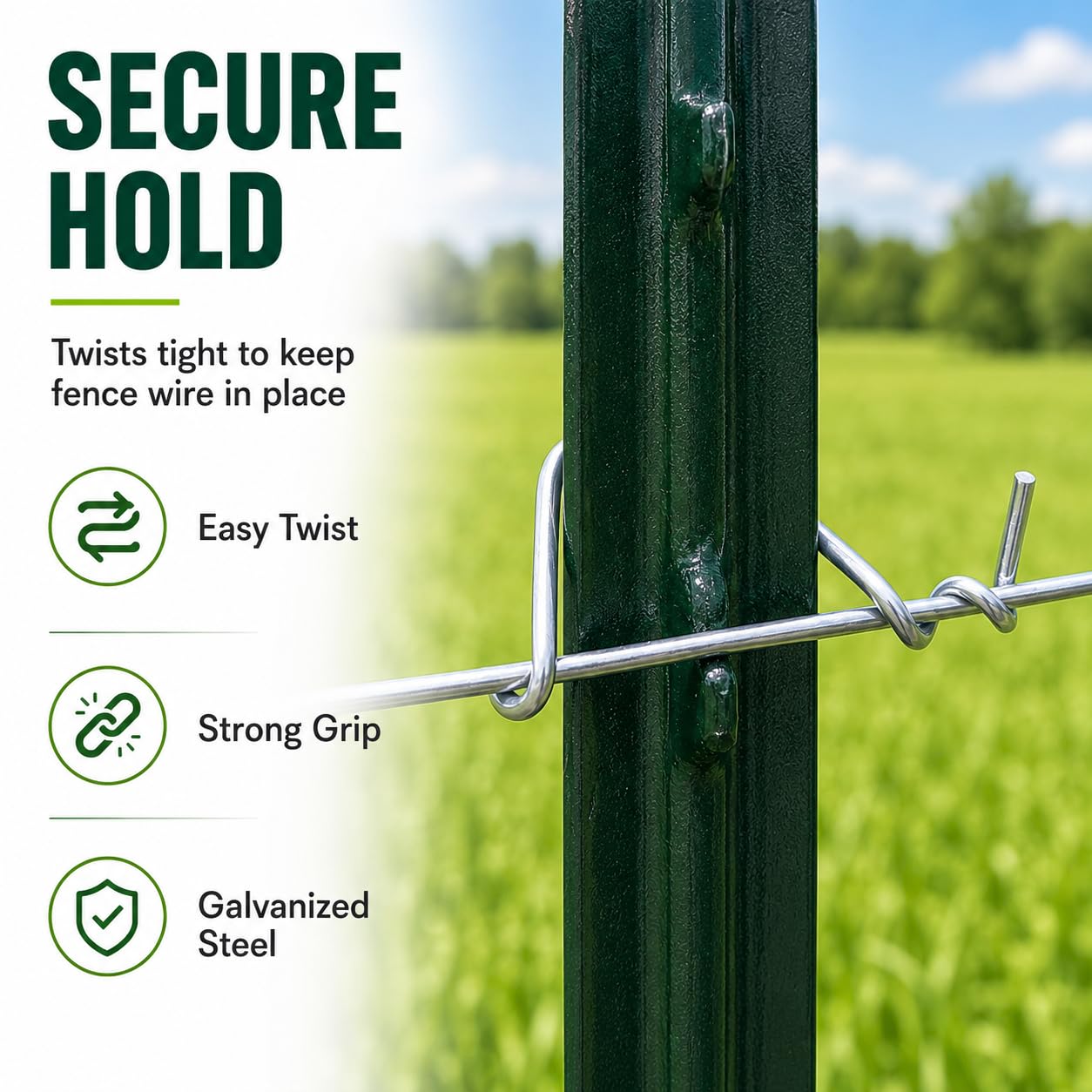 Yukibefo clip installed on T-post securing wire for stable fence tension