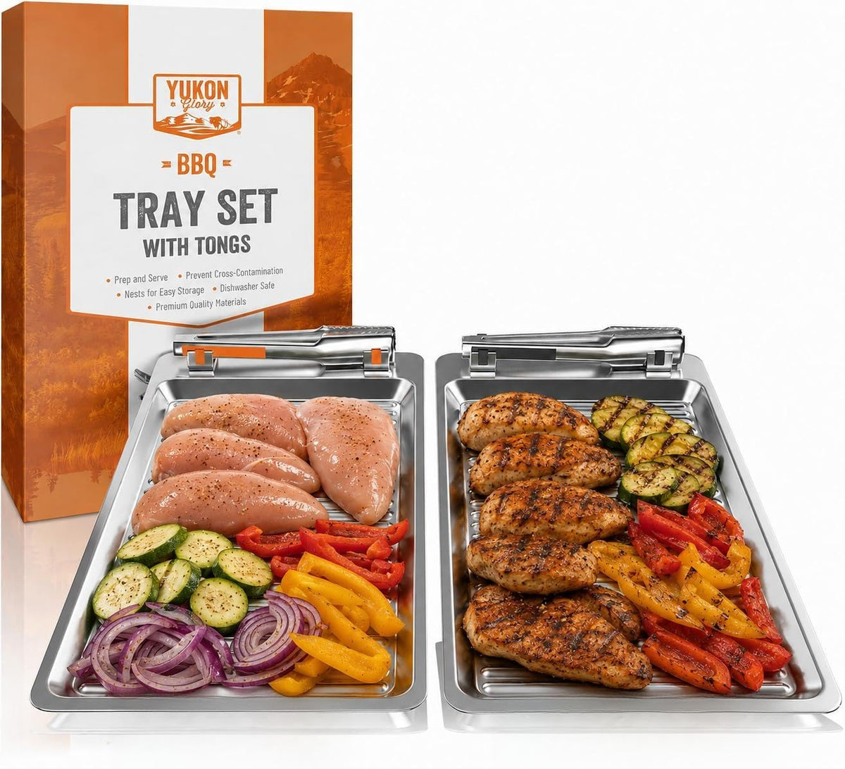 Yukon Glory front view of tray set showing two color-coded trays and tongs, durable prep solution