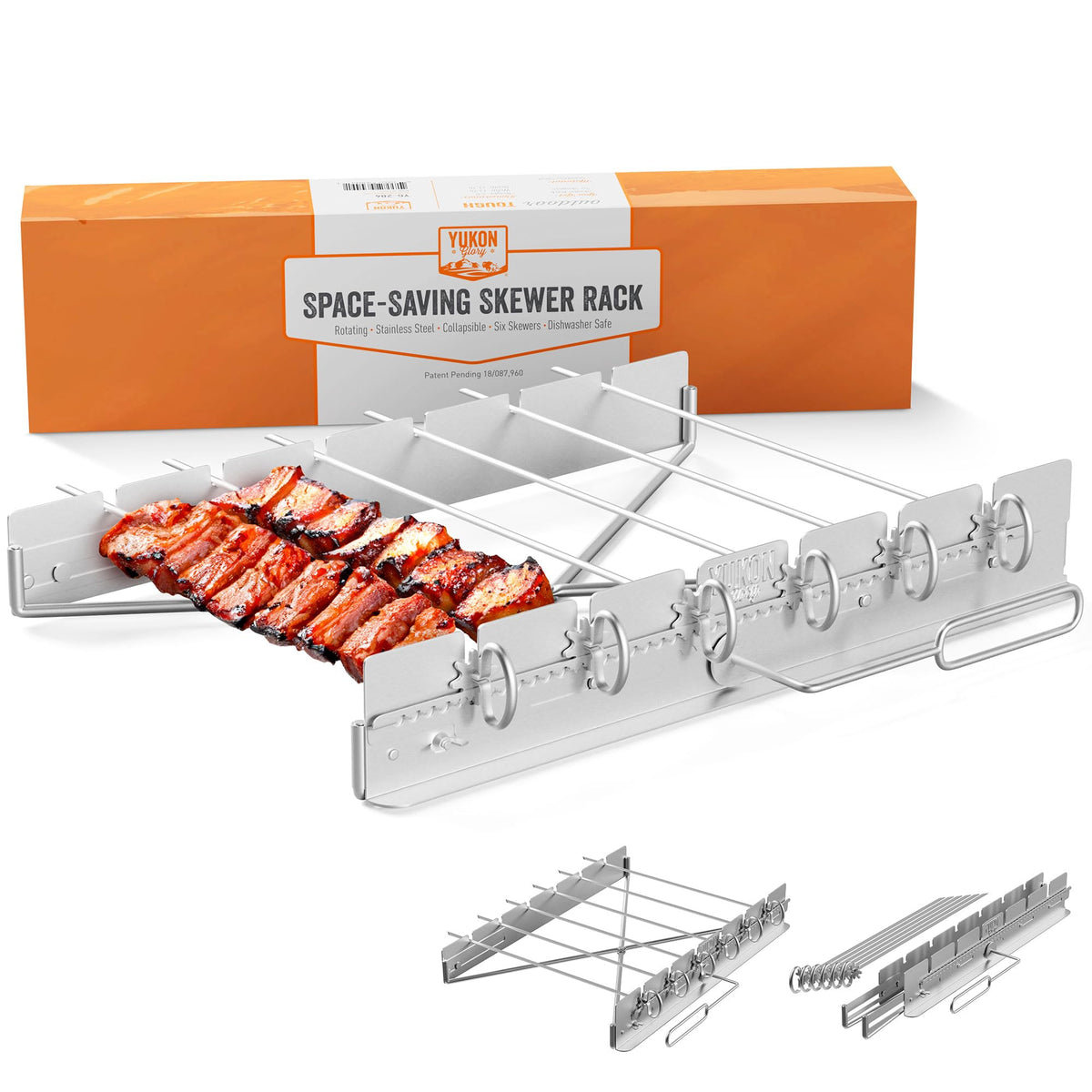 Yukon Glory front view showing rack and six stainless skewers for even grilling