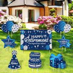 Yulejo front view of blue and silver retirement signs showing festive design and visibility