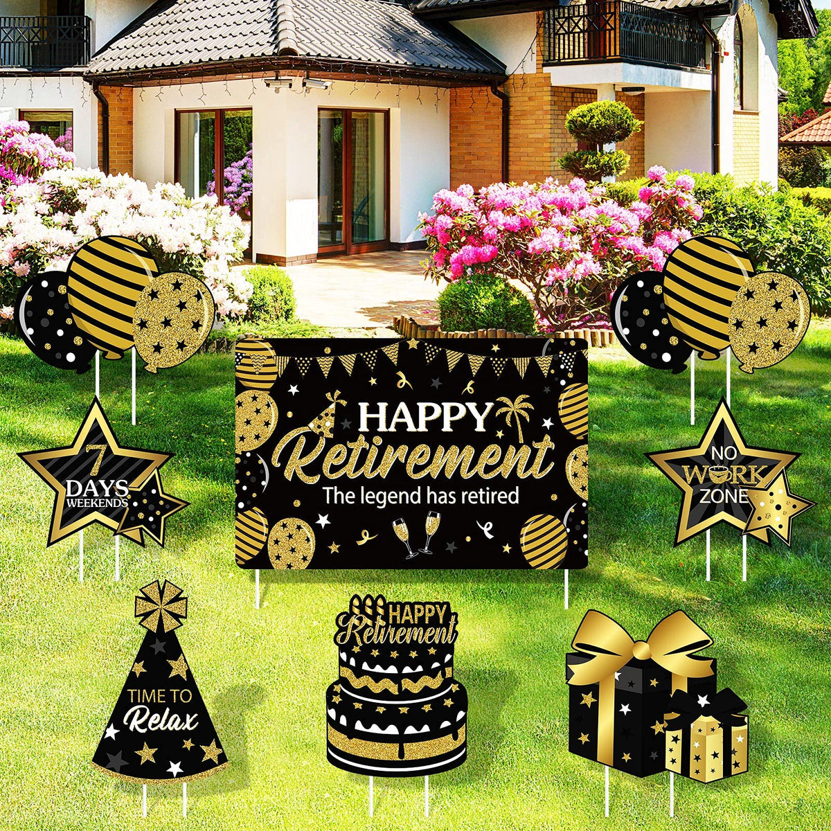 Yulejo front sign display showing happy retirement message and curb appeal