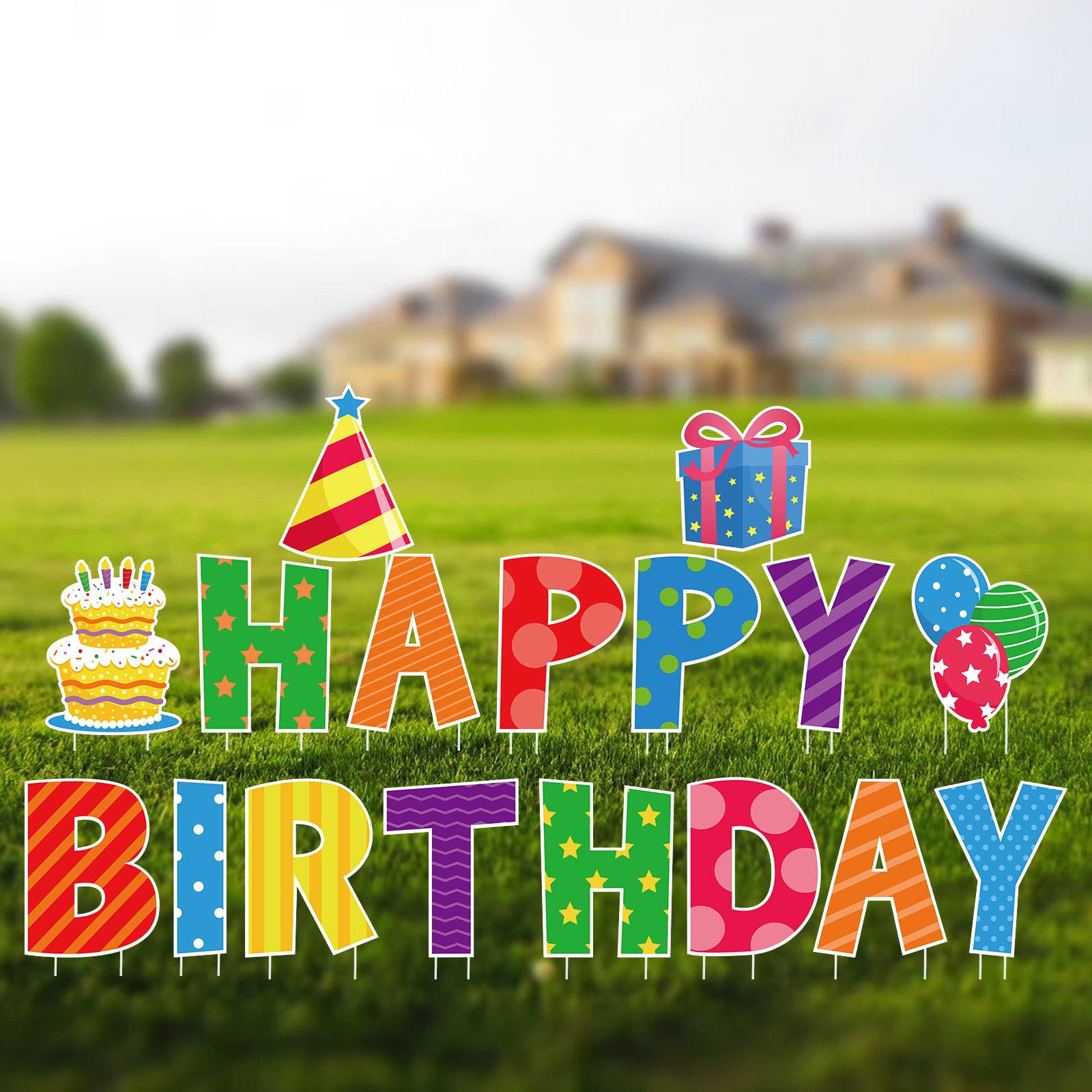 Yulejo front view of packaged signs showing colorful birthday message and easy setup