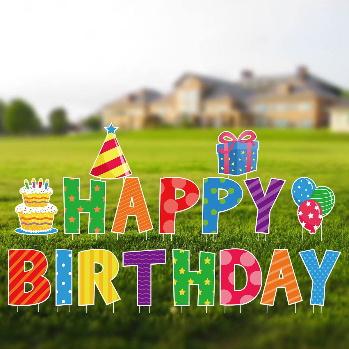 Yulejo front view of packaged signs showing colorful birthday message and easy setup