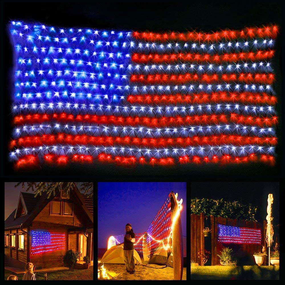 YULIANG front view flag net lights showing full stars and stripes, bright curb appeal