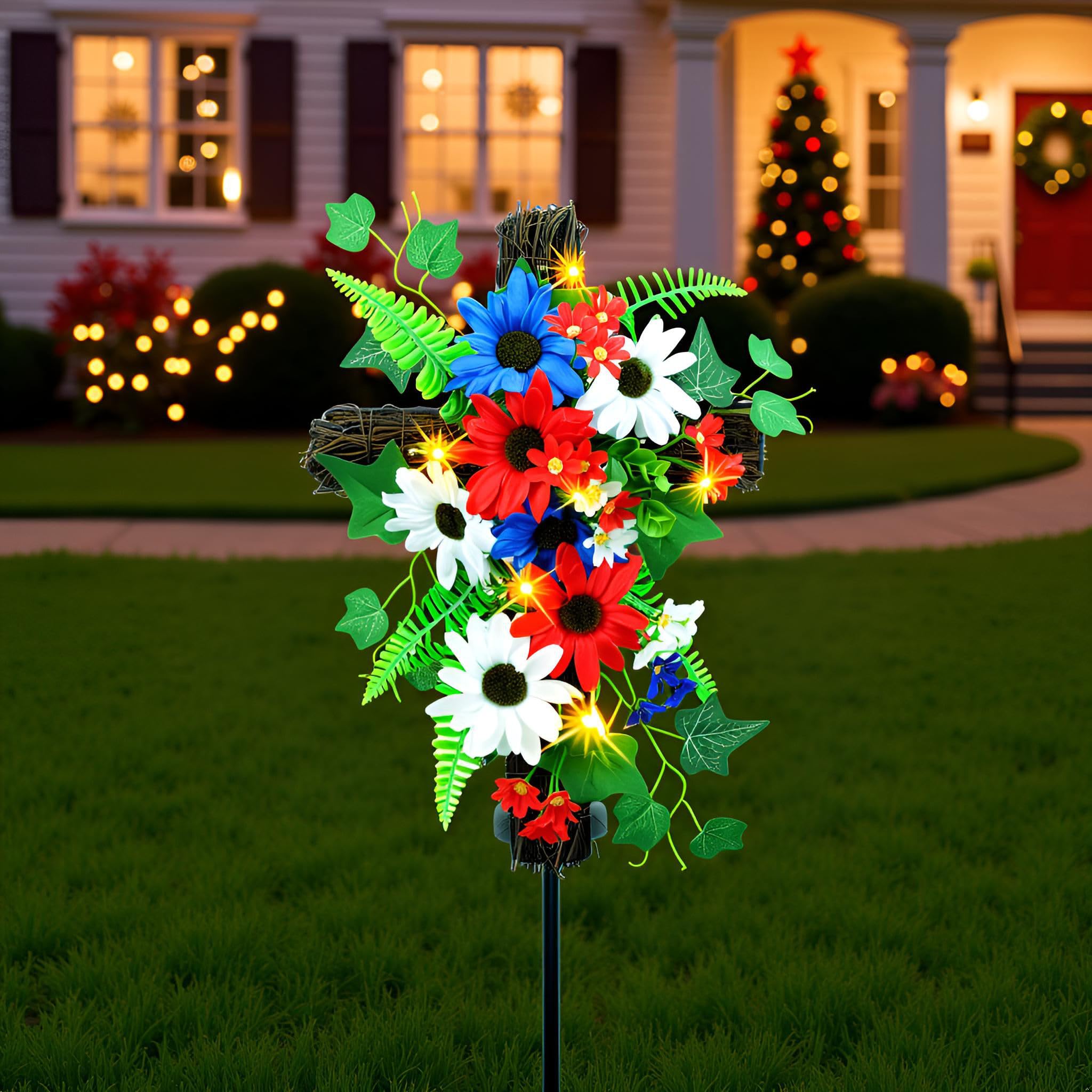 YULETIME flower detail focusing on red white blue daisies for patriotic display