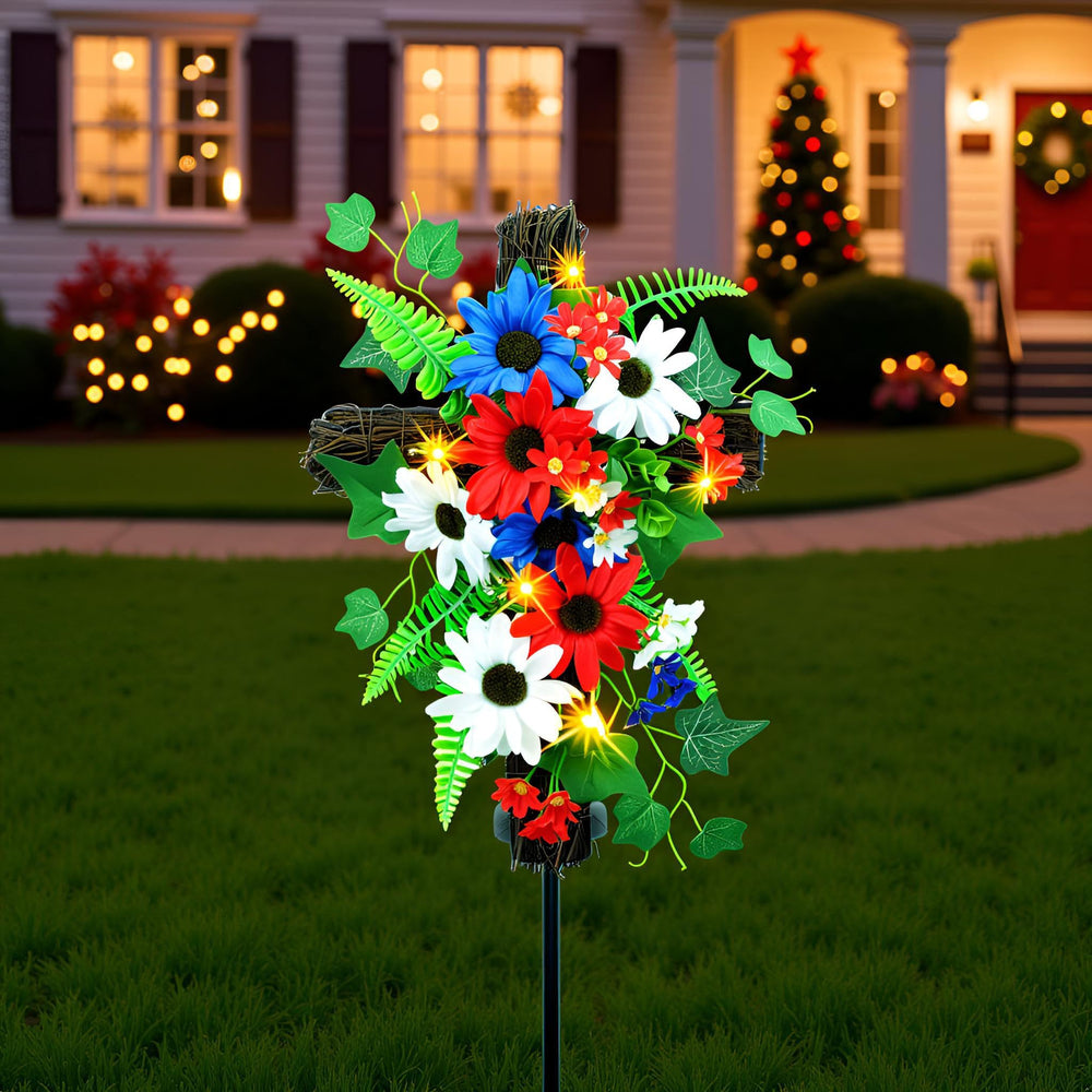 YULETIME flower detail focusing on red white blue daisies for patriotic display