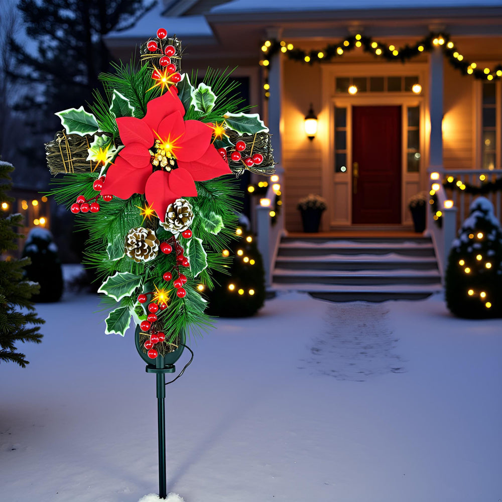 YULETIME close-up of red poinsettia and pine cones adding realistic festive detail