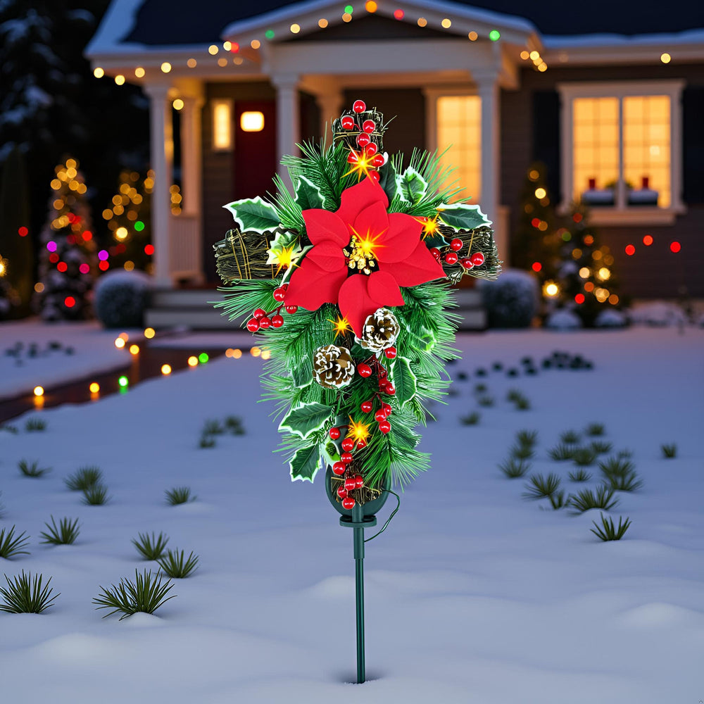 YULETIME cross stake at gravesite conveying respectful seasonal remembrance