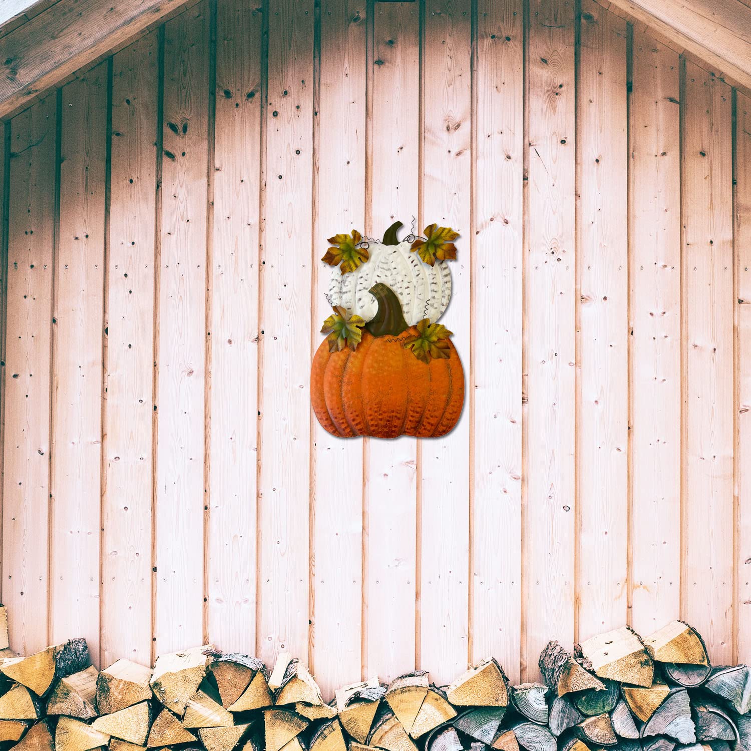 YUMBOR detail of vintage metal leaves and stacked pumpkins for charm