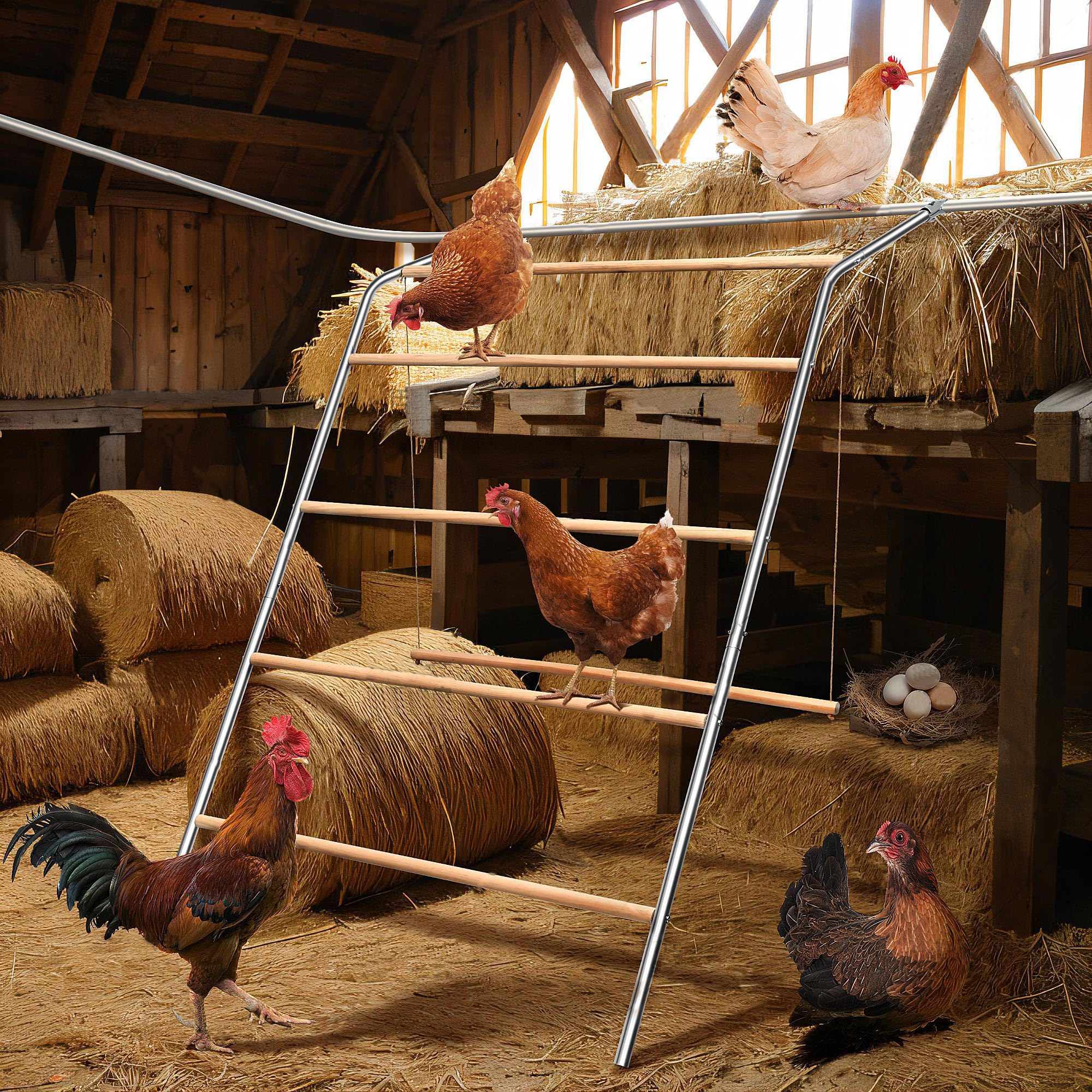 YUMEKA swing in use with hens enjoying motion for reduced boredom and stress