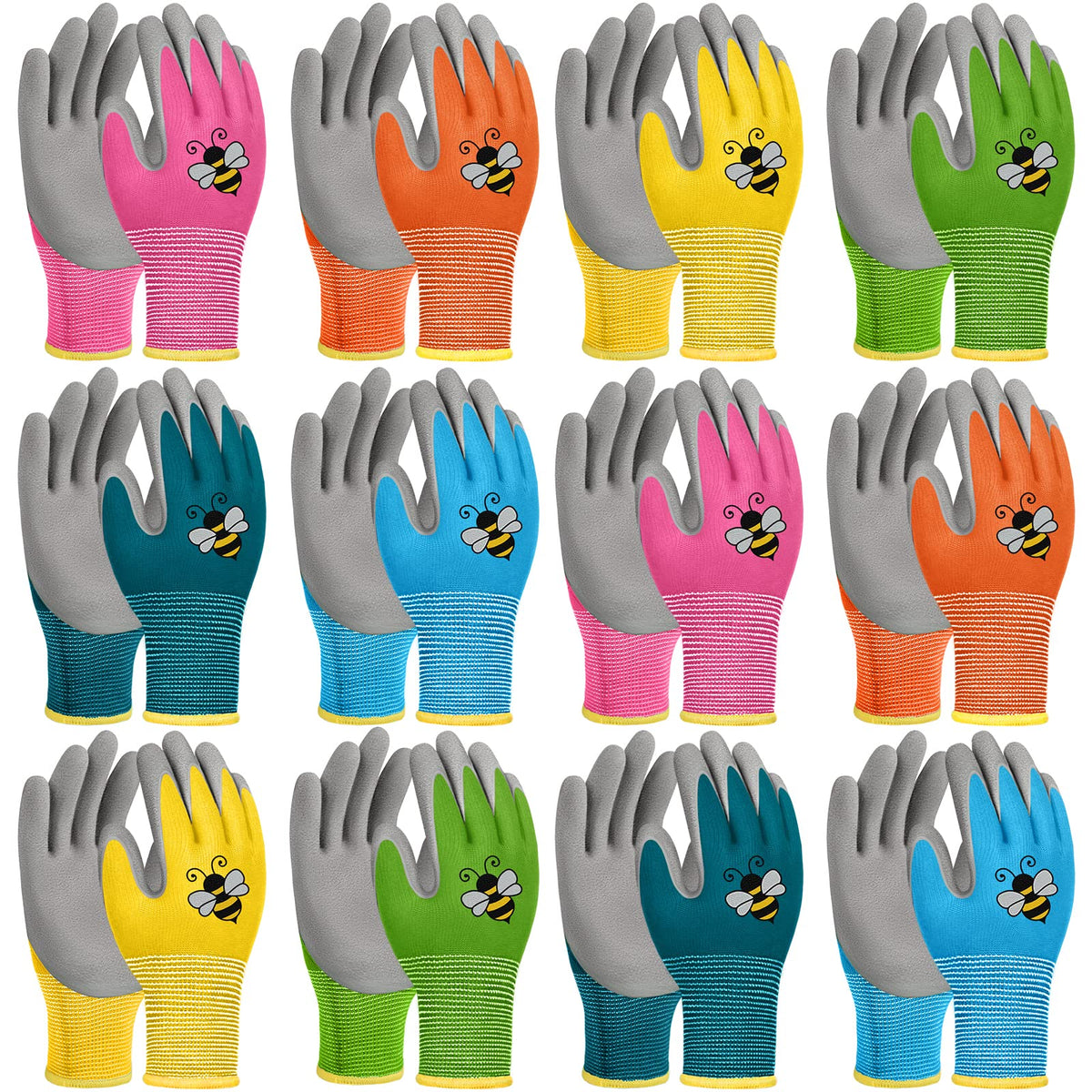 Yumoin front packaging showing 12 colorful kids gardening gloves and bee design for easy selection