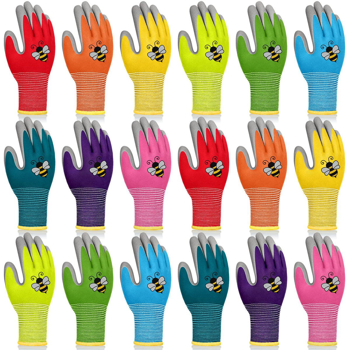 Yumoin front packaging showing 18 pairs of small kids gardening gloves for easy selection and storage