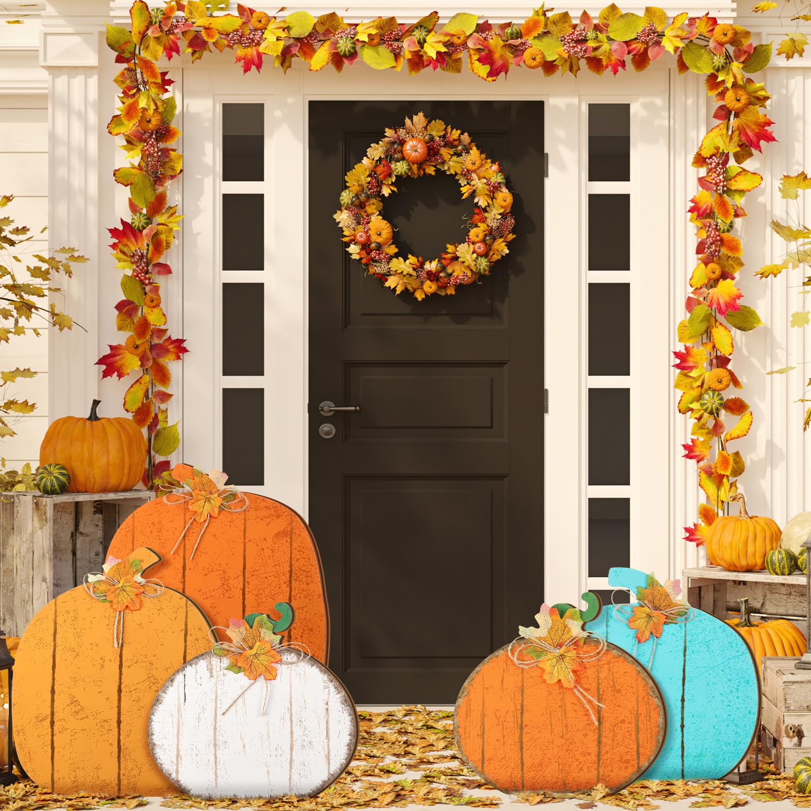 Yuntau arranged pumpkin signs on porch steps creating layered curb appeal