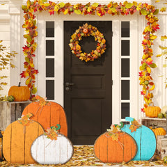 Yuntau arranged pumpkin signs on porch steps creating layered curb appeal