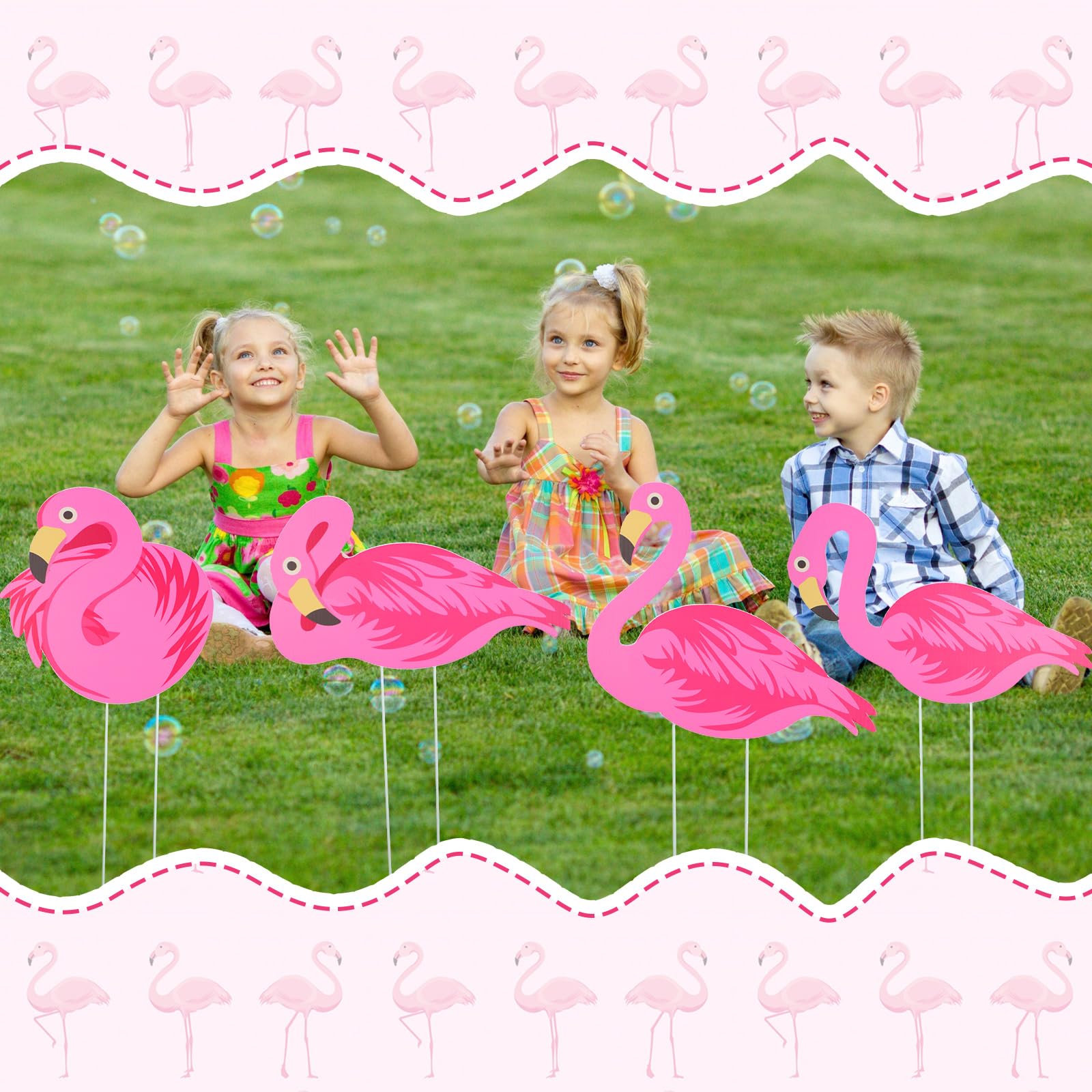 Yuntau flamingo signs used as photo props at a party adding playful tropical flair