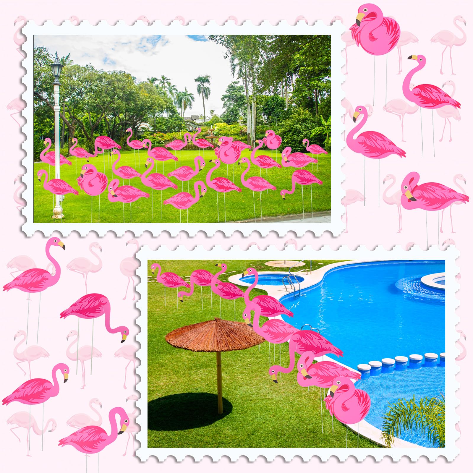 Yuntau flamingo signs arranged in a lawn creating festive curb appeal for events