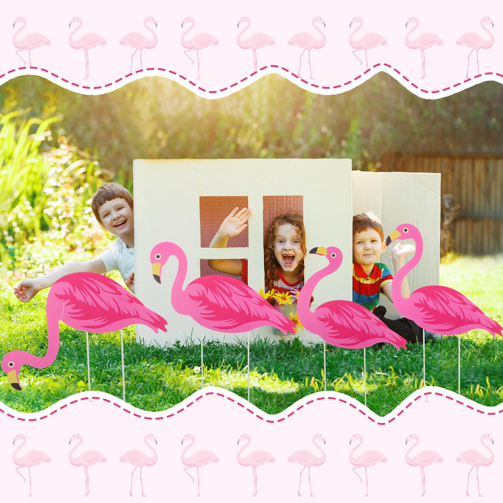 Yuntau flamingo sign held next to hand showing compact size and lightweight portability