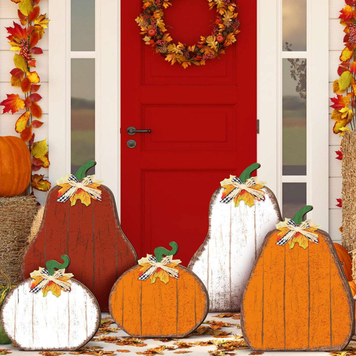 Yuntau front view of five-piece pumpkin set showing inviting porch appeal