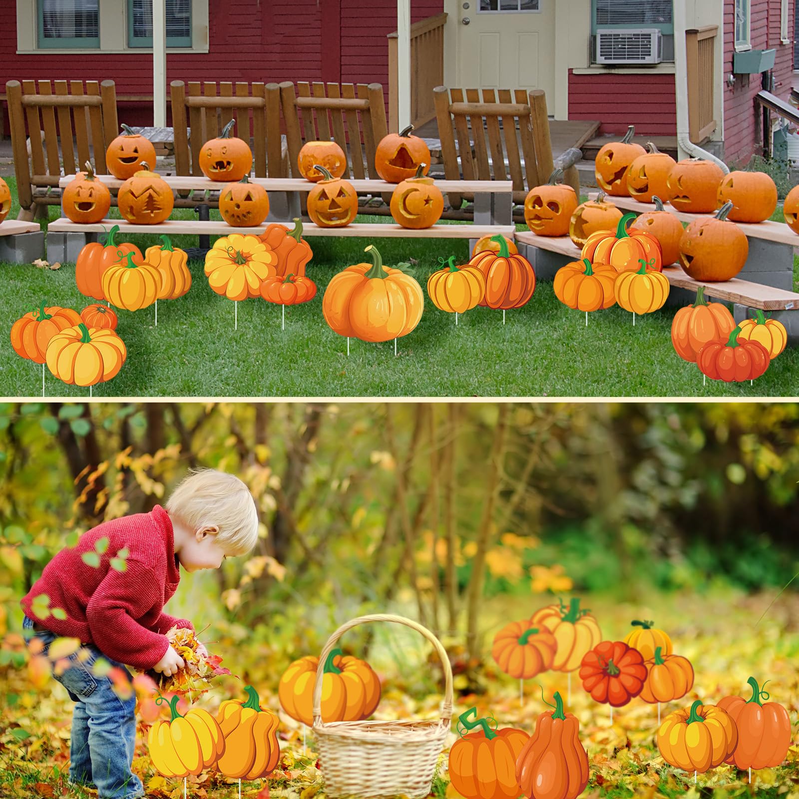 Yuntau pumpkin signs arranged on front porch creating festive atmosphere