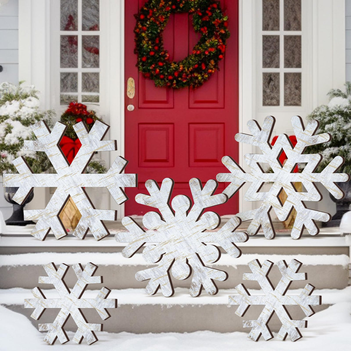 Yuntau snowflake front view on porch showing crisp vintage look and instant winter charm
