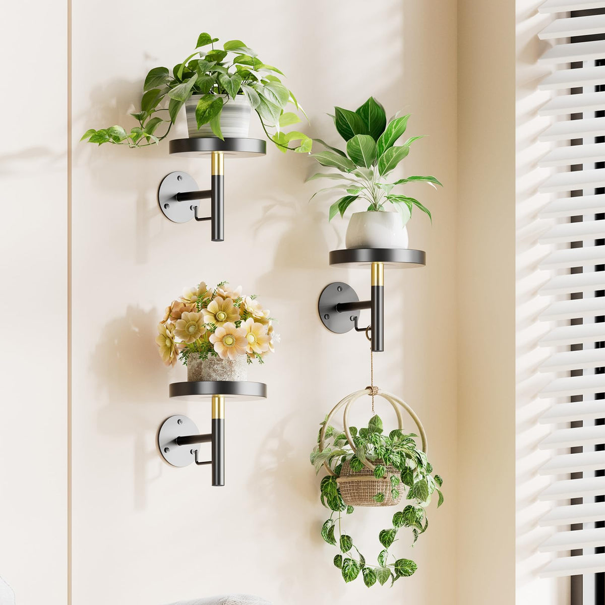 YUOROS front view of three black wall planters shows clean display and space saving