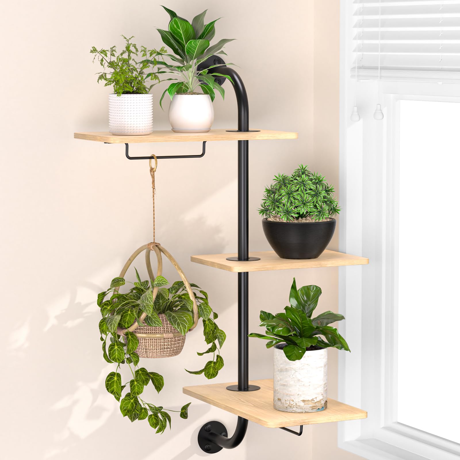 YUOROS front view of assembled 3-tier window plant shelves showing space-saving benefit