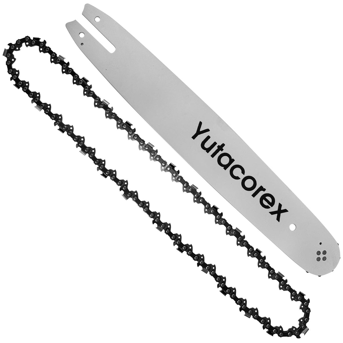 Yutacorex 16 inch guide bar and chain front packaging showing fit and specs benefit fast replacement