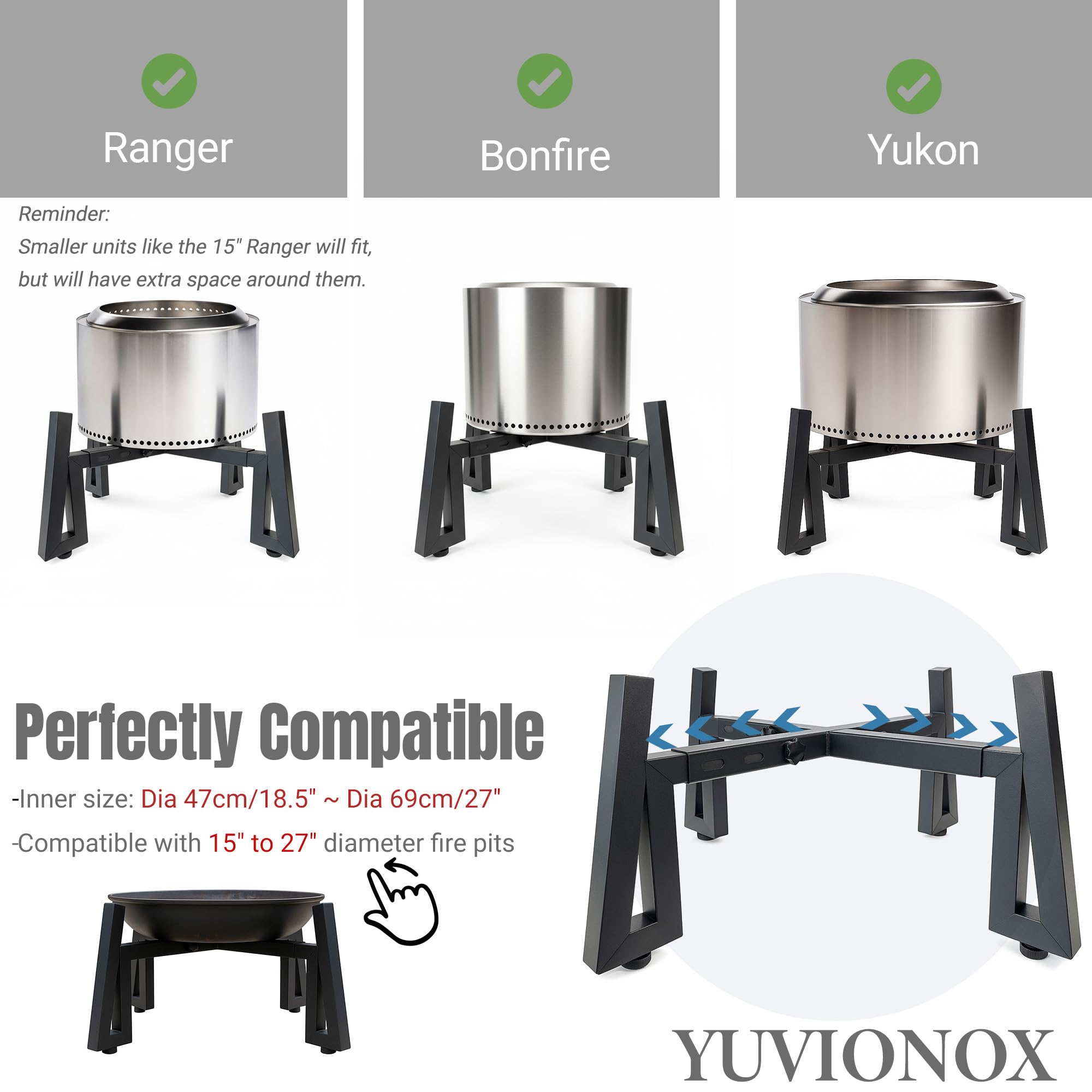 YUVIONOX adjustable feet detail ensuring level setup on rough ground