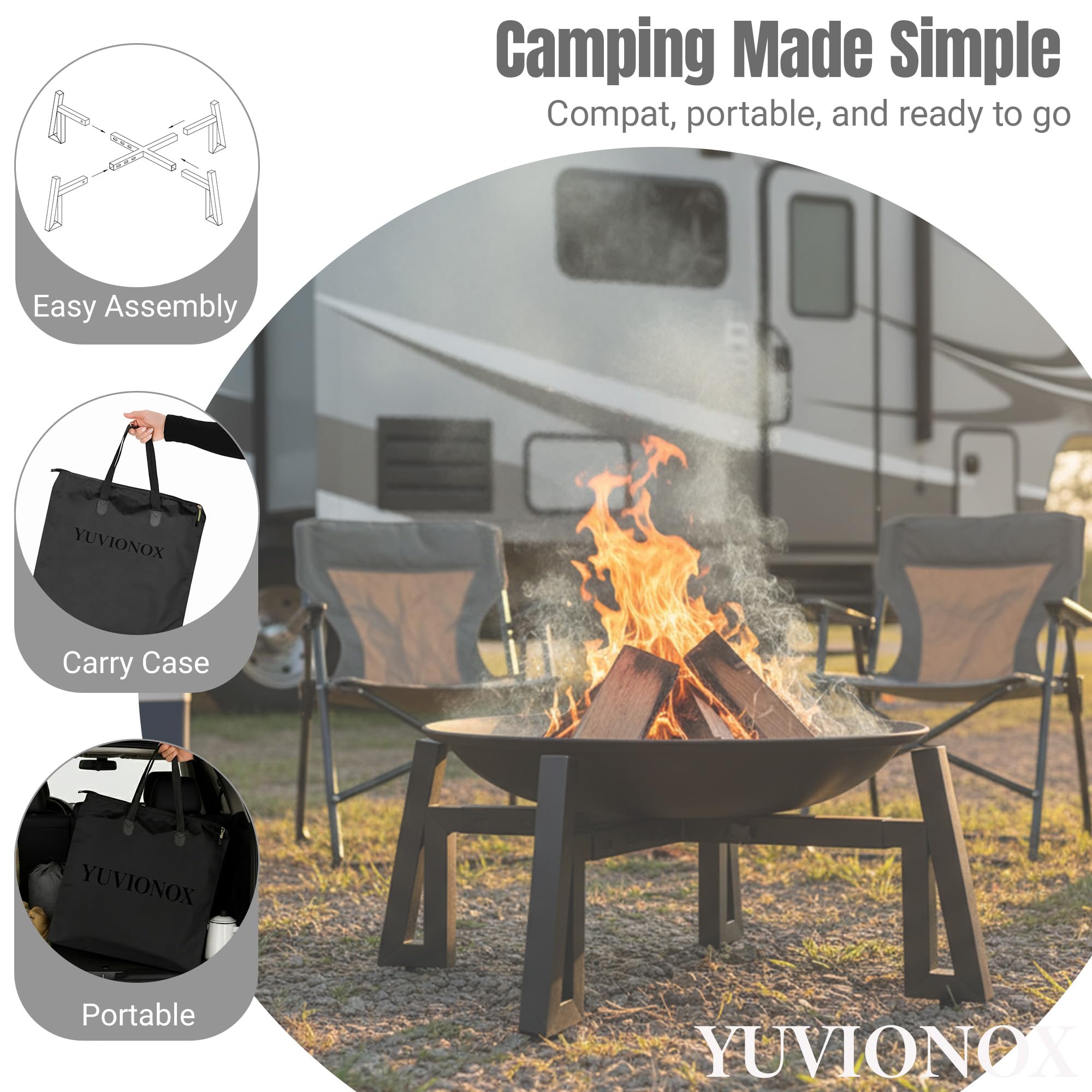 YUVIONOX backyard evening scene showing safe elevated fire pit use