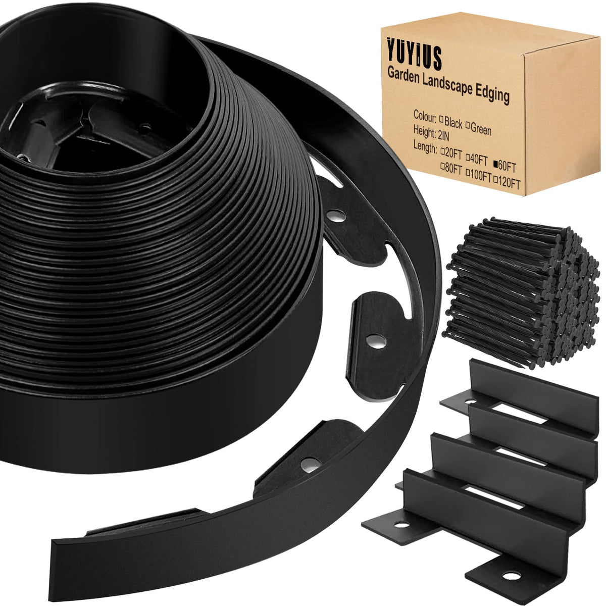 YUYIUS full kit laid out showing border strips and 60 stakes for fast installation