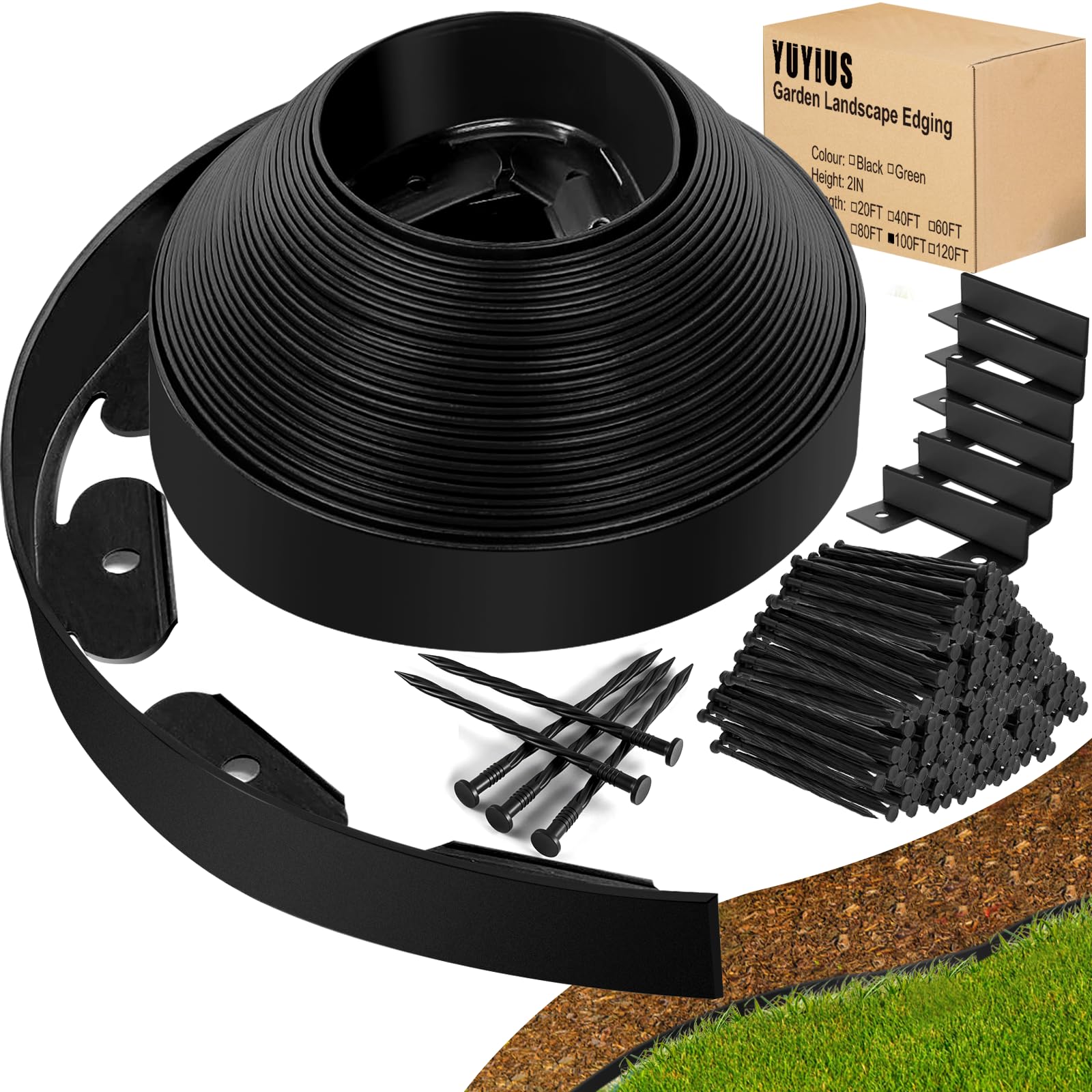 YUYIUS front view of 100ft edging kit showing complete package and benefits