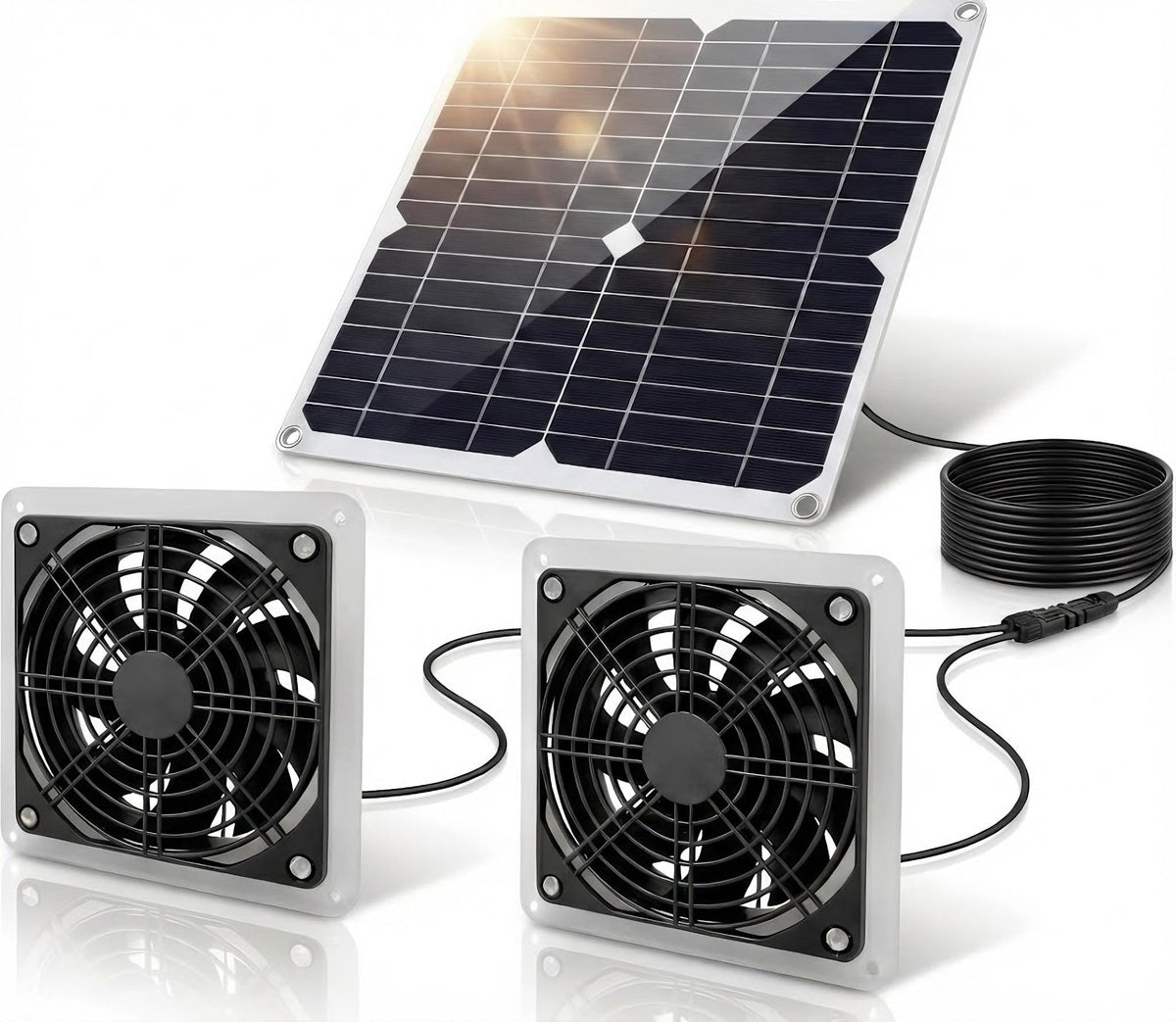 ywmvcm solar panel and dual fans showing complete kit and quick benefits