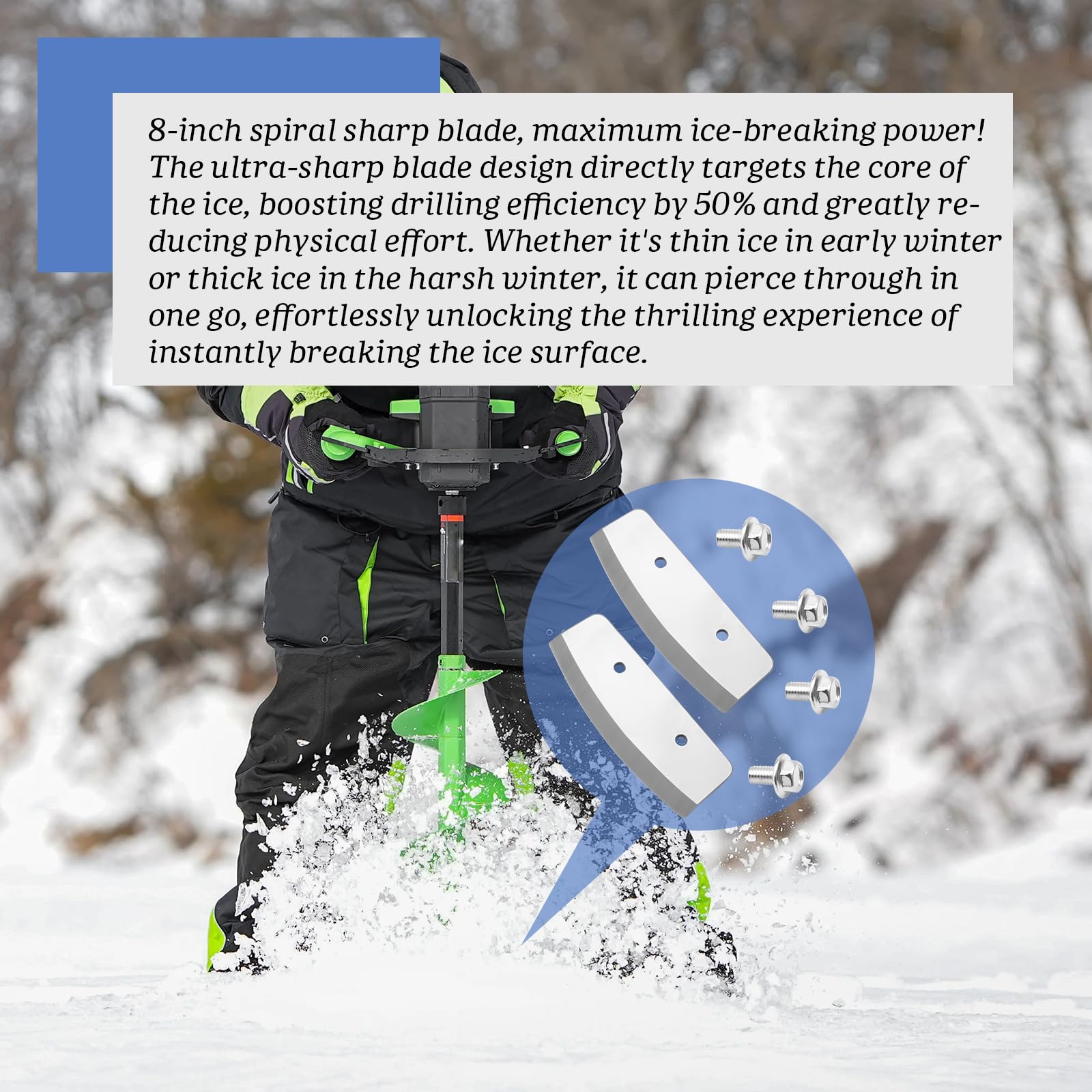 YXYYXY blades in use on frozen lake illustrating efficient, low-resistance drilling