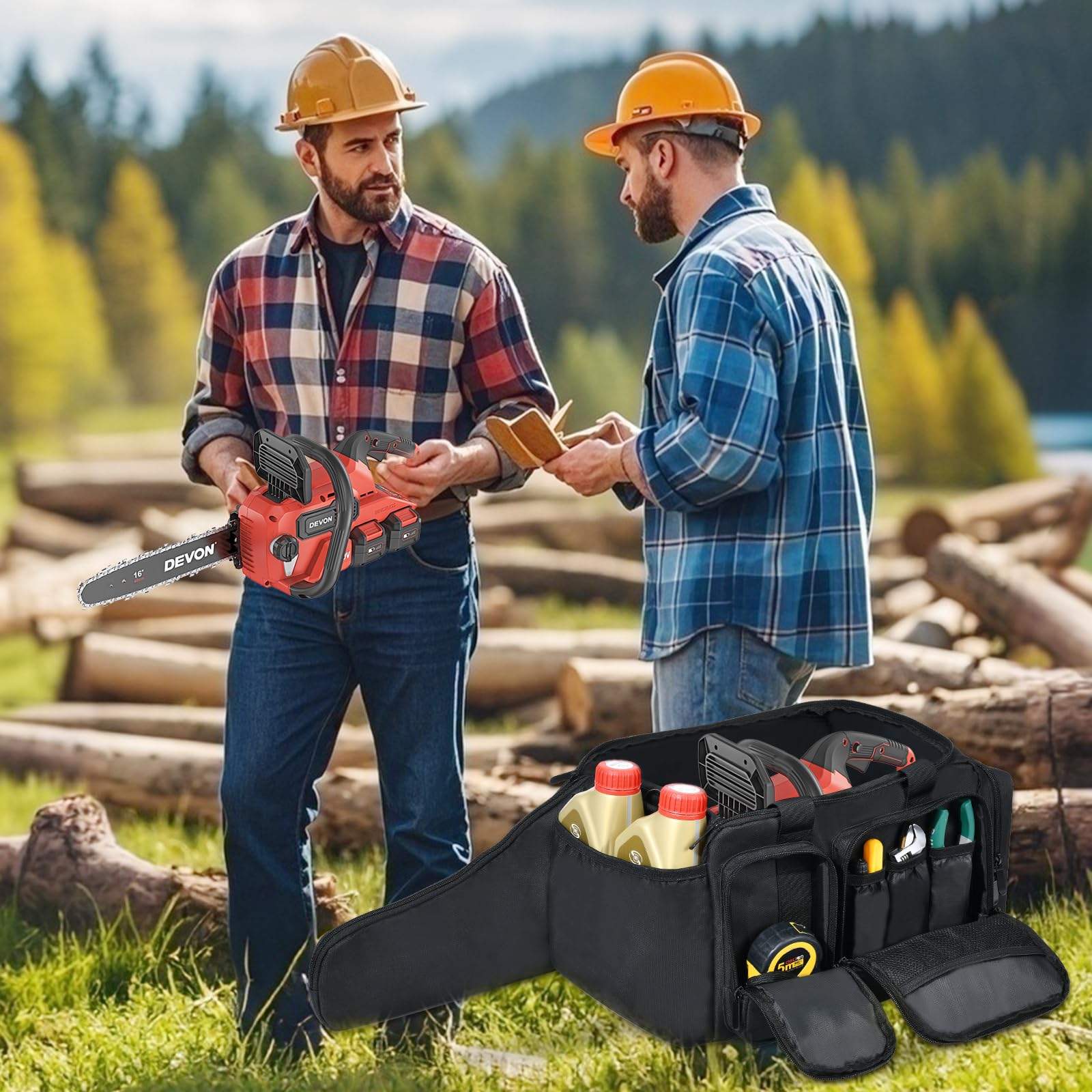 YXIRENE chainsaw case in a truck bed demonstrating portable protection for outdoor work