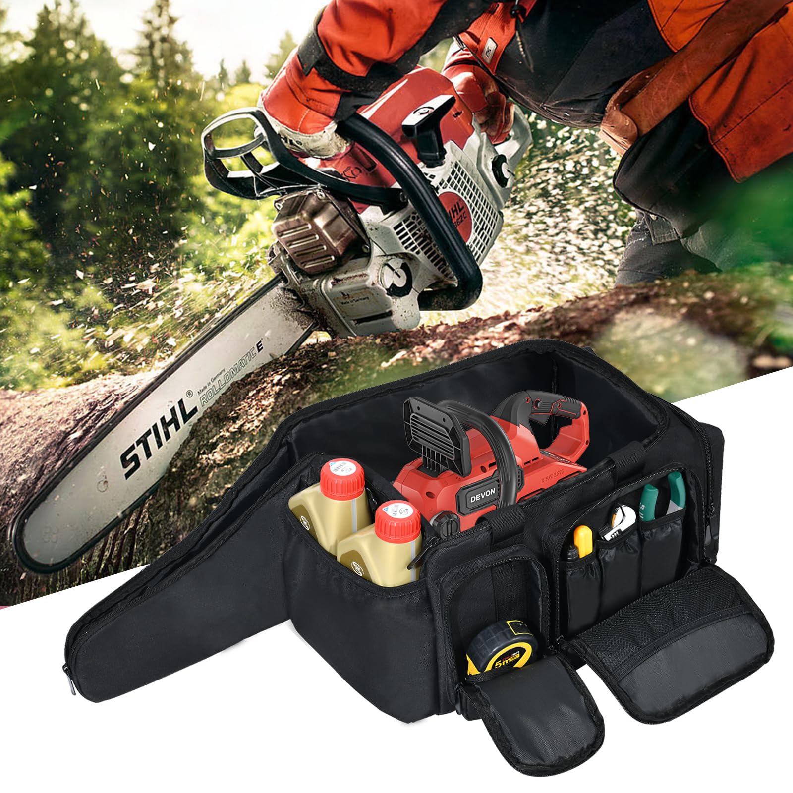 YXIRENE open bag with cordless chainsaw inside showing organized interior and battery pocket