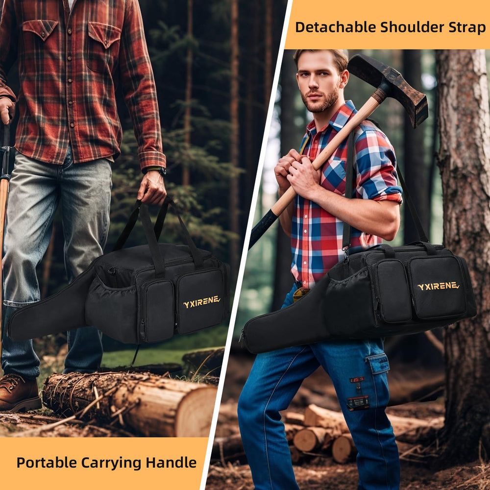 YXIRENE case next to a 12-inch chainsaw to show fit and scale for compact saw models