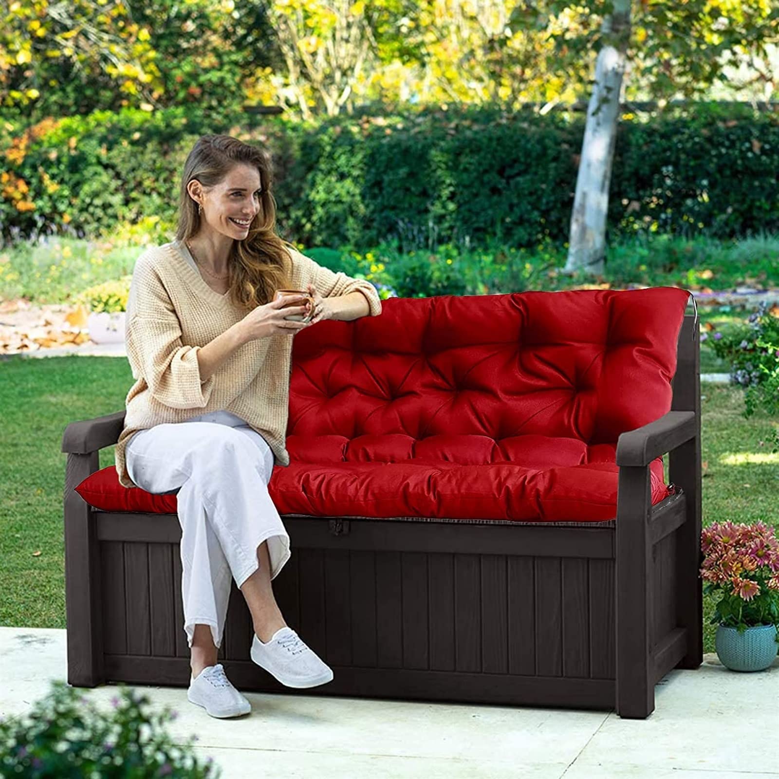 YXMKJOS two-seater cushion beside ruler showing accurate size fit