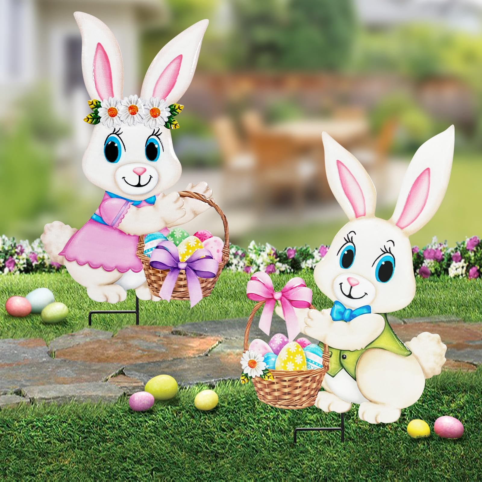 YY Gardenia front view of two bunny stakes showing package and charming design benefits