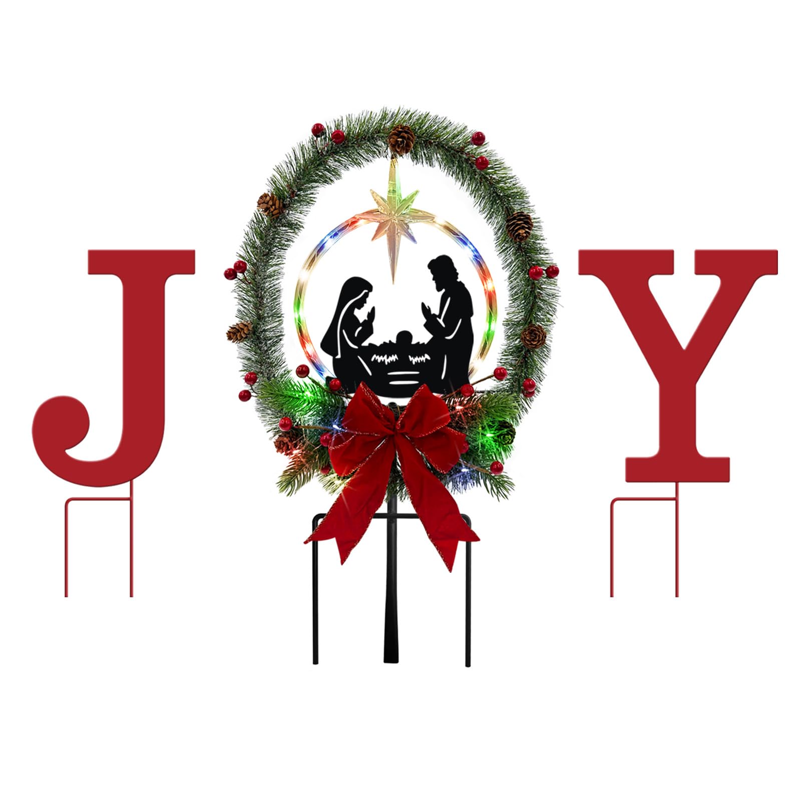 YY Gardenia front view of three metal JOY nativity solar stakes showing festive accents and finish