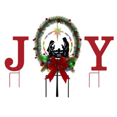 YY Gardenia front view of three metal JOY nativity solar stakes showing festive accents and finish