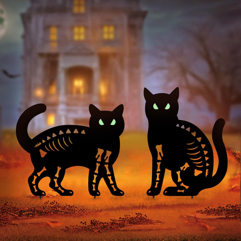 YY Gardenia front view of two black cat stakes showing spooky silhouette and instant curb appeal