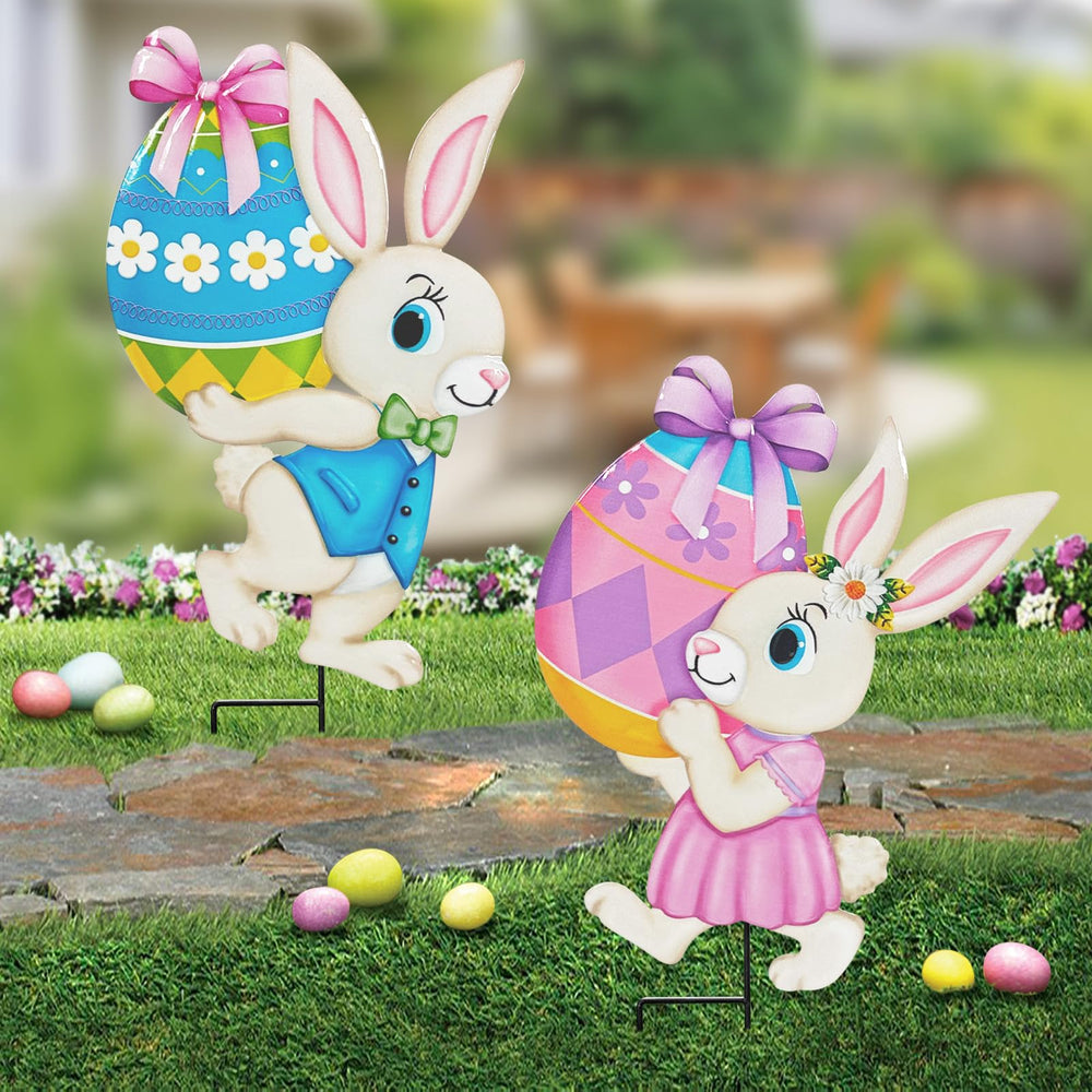 YY Gardenia front view of two metal bunny stakes showing festive yard curb appeal