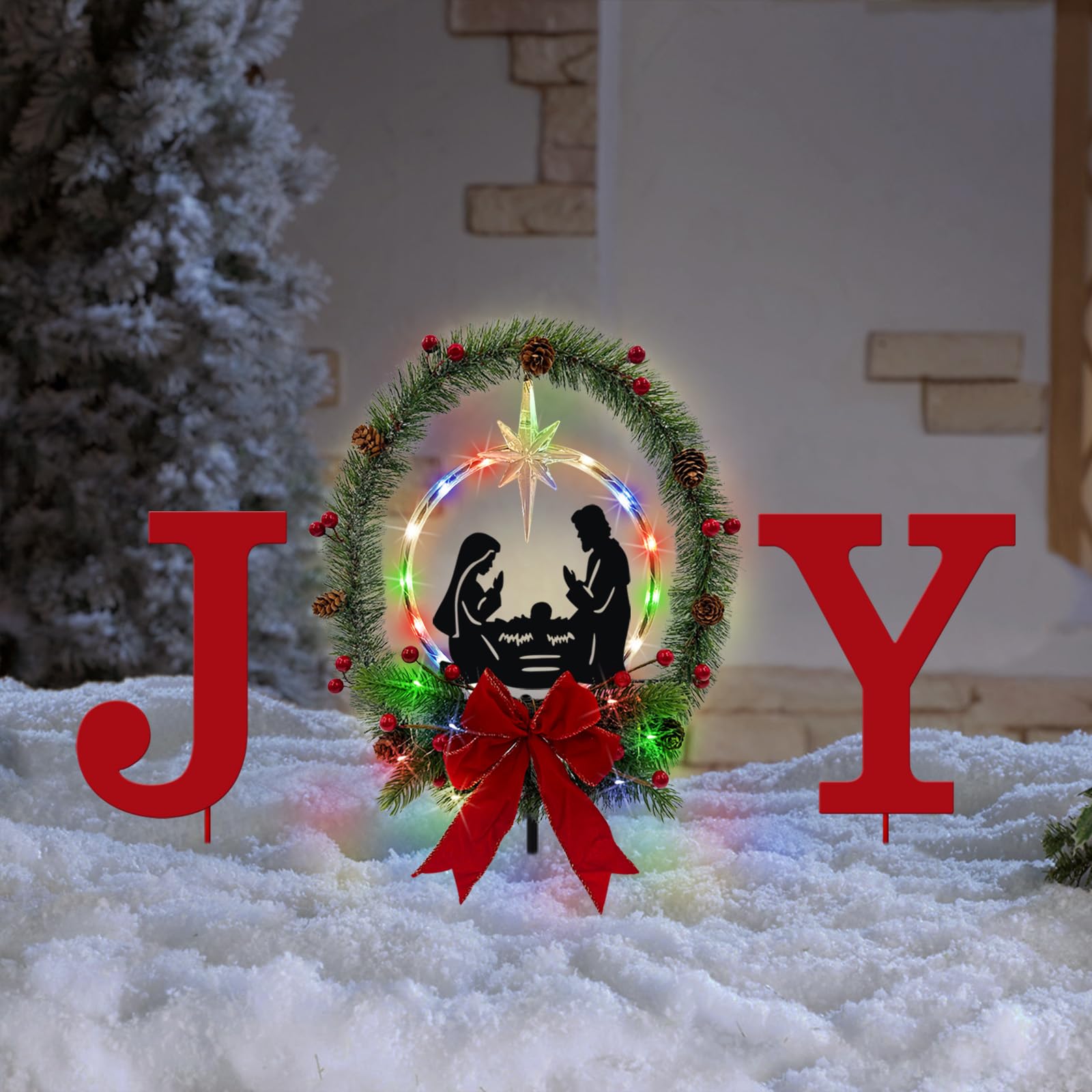 YY Gardenia lifestyle porch shot displaying nativity stakes adding holiday curb appeal